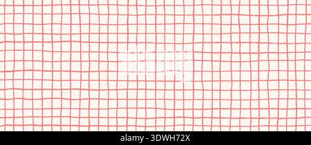 Hand drawn square grid pattern. Red doodled checkered background. Sketched thin checker paper texture. Lined planer page wallpaper. Pen drawn journal sheet notebook template. Vector  Stock Vector
