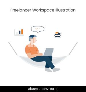 Freelancer Working on Laptop in Hammock Vector Illustration Stock Vector