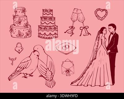 Whimsical Hand drawn Wedding celebration romantic elements, cute couple. Vector wedding sketch set. Stock Vector