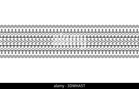 A repeating symmetrical tribal design with zigzags, chevrons, fish motifs, waves, and tree-like symbols arranged in horizontal bands. The ornamental c Stock Vector