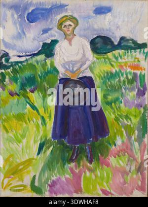 Edvard Munch Woman in a Green Meadow (1917), oil, Expressionism, contemplative female figure outdoors Stock Photo