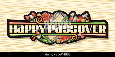 Vector logo for Passover Holiday, horizontal invitation with illustration of traditional passover symbols for religious party, unique lettering for wi Stock Vector