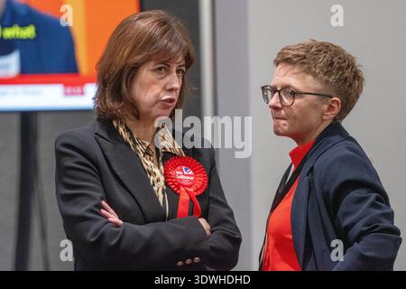 Manchester, UK. 27th Feb, 2026. (L-R) Lucy Powell, Deputy Leader of the Labour Party, and Bev Craig, the leader of Manchester City Council, look nervous at the vote Count for the Gorton and Denton by-election at counting station. (Photo by Gary Roberts/SOPA Images/Sipa USA) Credit: Sipa USA/Alamy Live News Stock Photo