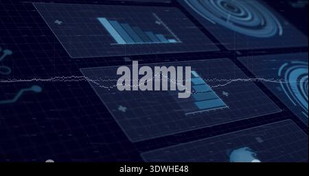 Displaying clear HUD panels and central dotted waveform on virtual dashboard, showing bar charts Stock Photo