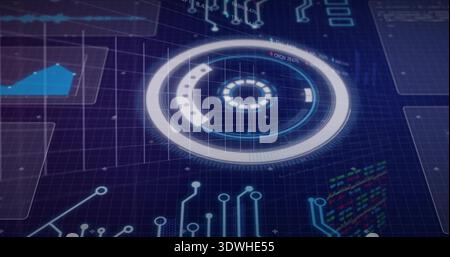 Displaying circular HUD rotating with rings on dark-blue grid with polygon chart and code blocks Stock Photo