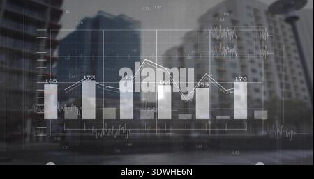 Displaying translucent data overlay on city street, showing bar chart, line graph, waveform Stock Photo