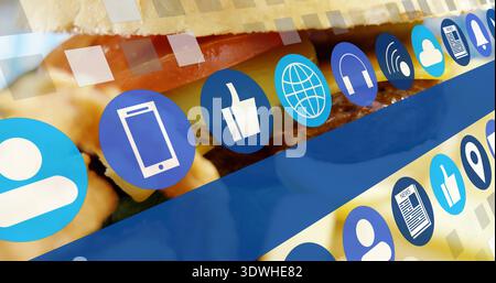 Displaying two diagonal rows of blue circular icons over studio graphic, with blurred sandwich Stock Photo