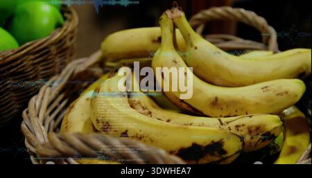 Showing ripe yellow bananas filling woven basket on market counter with green apples blue scanlines Stock Photo