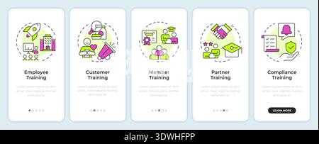 Five types of professional training onboarding mobile app screen Stock Vector