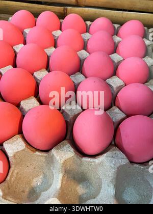 Pink eggs are neatly placed in a carton, featuring smooth textures and bright colors, with a bamboo background adding a natural touch to the setting Stock Photo