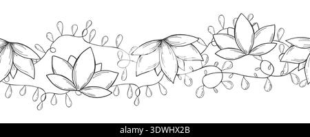 String light garland among stylized lotus flowers vector monochrome isolated seamless banner. Holiday sacred lotus silhouette vector seamless pattern. Stock Vector