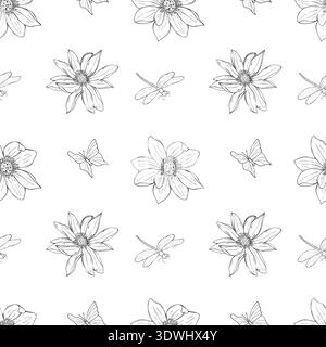 Lotus flower heads, fluttering butterfly, dragonfly etching monochrome seamless pattern. Blooming waterlily and flying insects vector isolated Stock Vector