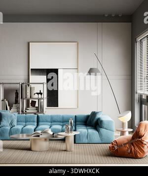 Warm minimalist living room featuring modular teal sofa, large abstract wall art and clean architectural lines styled for modern apartment interior de Stock Photo