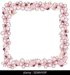 Spring border frame blooming flowers branch Sakura cherry Stock Vector