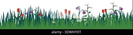 Seamless spring summer grass horizontal border with meadow plants silhouette Stock Vector
