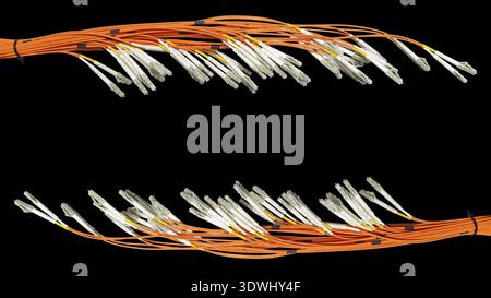 Bunch of fiber optic cables and connectors on black background with copyspace, it technology, banner Stock Photo