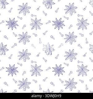 Star anise, dry cloves. Monochrome botanical seamless pattern drawing of fragrant herbs and spices. Graphic ink vector Stock Vector