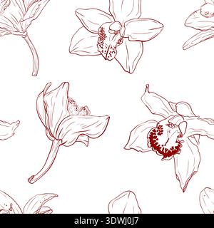 Vanilla flower, orchid phalaenopsis with large petals. Monochrome botanical seamless pattern. Graphic line art Stock Vector