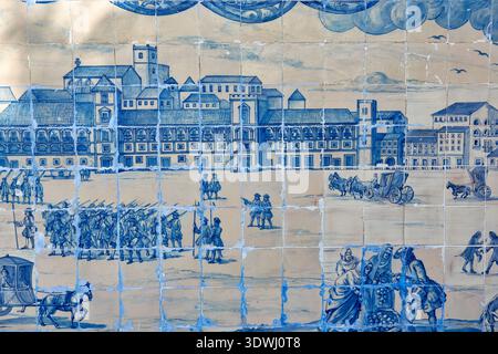 Historical blue and white Azulejo tile mural depicting 18th-century street life and military figures, Lisbon, Portugal, Europe. Stock Photo