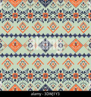 Traditional Palestinian embroidery style seamless pattern featuring orange flowers and geometric shapes on green background Stock Vector