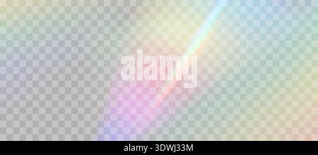 Blurred rainbow refraction overlay effect. Light lens prism effect on transparent background. Holographic reflection, crystal flare leak shadow Stock Vector