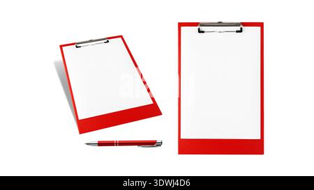Red clipboard with blank white paper and pen isolated on white background. Set of two clipboards with red pen Stock Photo