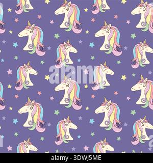 Unicorn head with stars seamless pattern. Pastel background. Vector kids purple texture. For textile, notebook, child nursery design, wallpaper Stock Vector