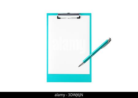 Blue green clipboard with blank white A4 paper and pen isolated on white background Stock Photo