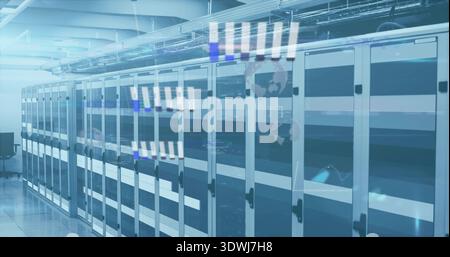 Displaying glass racks extending along data center aisle, showing LED lights and office chair left Stock Photo