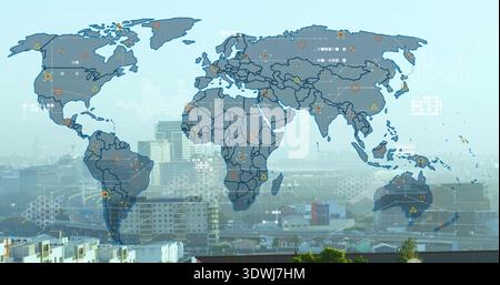 Displaying stylized world map overlay over city skyline from rooftop view, showing data markers Stock Photo