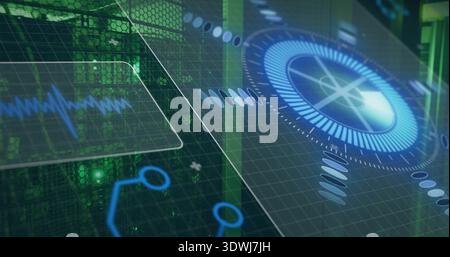 Displaying holographic HUD centered over server boards, showing radar dial, grid, waveform, nodes Stock Photo
