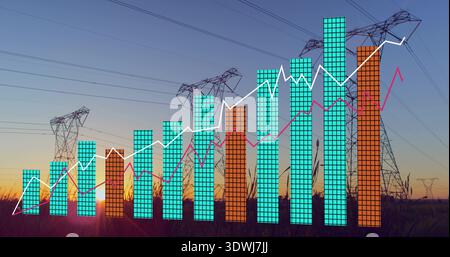 Displaying stylized bars tracing two rising line graphs over pylons and power lines at sunset Stock Photo