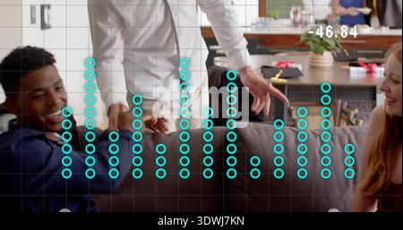 Reaching man in white shirt engaging friends seated on dark gray couch, turquoise overlay -46 Stock Photo