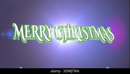 Featuring large 3D MERRY CHRISTMAS text glowing on purple-blue gradient with green outlines Stock Photo