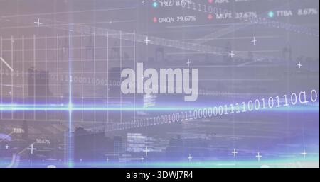 Displaying digital data overlay over skyline, with binary stream, glowing band, chart gridlines Stock Photo