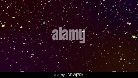Swirling field of confetti squares, diamonds, circles and tiny specks over dark gradient, glowing Stock Photo