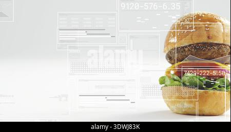 Displaying sesame bun burger sitting on right of studio set, with clear UI readouts, copy space Stock Photo