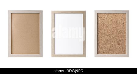 Set of empty wooden frames with paper, cardboard and cork isolated on white background. Stock Photo