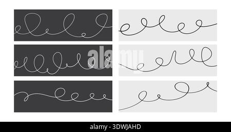 Black squiggle cable lines, wavy and curvy stroke. Wiggly irregular long element isolated on white and black background, vector illustration. Stock Vector