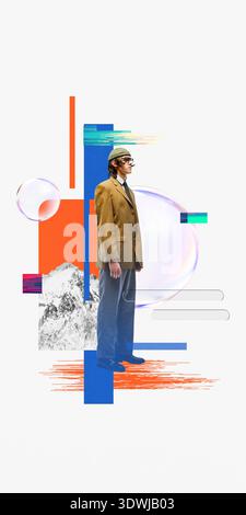 Creative mixed media. Retro businessman in mustard blazer with abstract collage background. Stock Photo