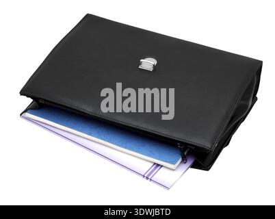 Opened black briefcase isolated on white background Stock Photo