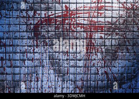 Cold and dark background from the scene of the murder. Dirty marble tile blurred by splashes of red blood. Room with a bloody wall Stock Photo