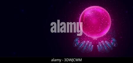 Pink magic fantasy sphere in hands. Crystal ball with glowing sparkles and particles. Energy orb with glow flare light effect. Isolated on transparent Stock Vector