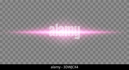 Pink horizontal lensflare. Light flash with rays spotlight. Pink glow flare light effect. Vector illustration. Isolated on dark transparent background Stock Vector