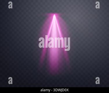 Pink spotlight, Illuminated bright pink stage, glow flare effect. Bright beams of spotlights, lamp, vertical rays on transparent background. Vector Stock Vector