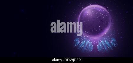 Purple magic fantasy sphere in hands. Crystal ball with glowing sparkles and particles. Energy orb with glow flare light effect. Isolated on Stock Vector