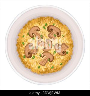 Mushroom risotto top view vector hand drawn illustration. Italian food with green onion and rice for mediterranean cafe menu and template. Isolated dish drawing design perfect for delivery graphic. Stock Vector
