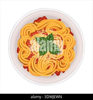 Spaghetti Bolognese top view vector hand drawn illustration. Italian food with meat sauce and basil for mediterranean cafe menu and template. Isolated meal drawing design perfect for delivery graphic. Stock Vector
