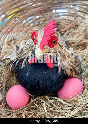 Chicken mannequin with vibrant red comb and wattles sitting on pink decorative eggs inside a woven basket filled with straw and colorful accents Stock Photo