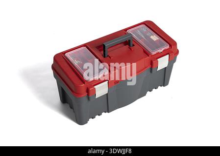 Plastic tool box on a white background. Set of working tools. DIY theme Stock Photo